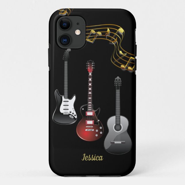 Drei Gitarren und Musiknoten, Name Case-Mate iPhone Hülle (Rückseite)