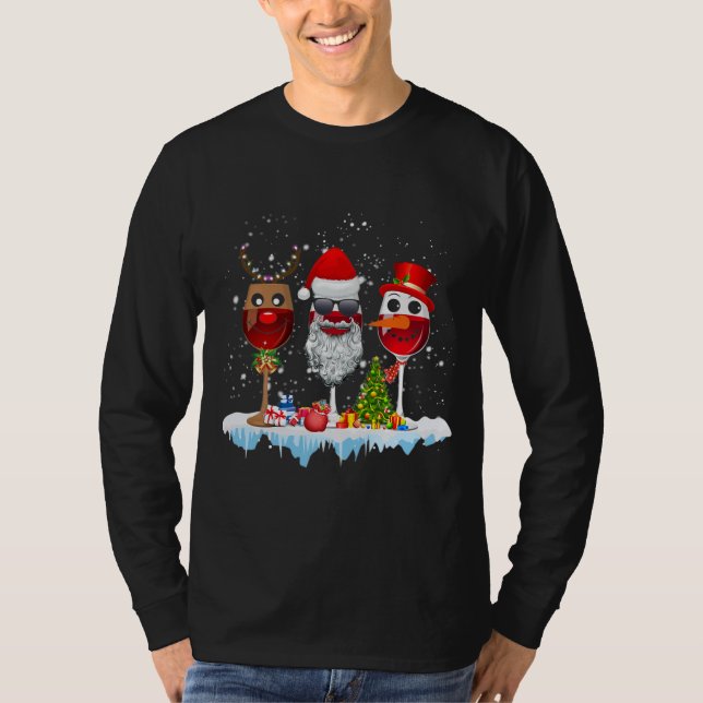 Drei Glas Rotwein Weihnachtsmannmütze Weihnachten  T-Shirt (Vorderseite)