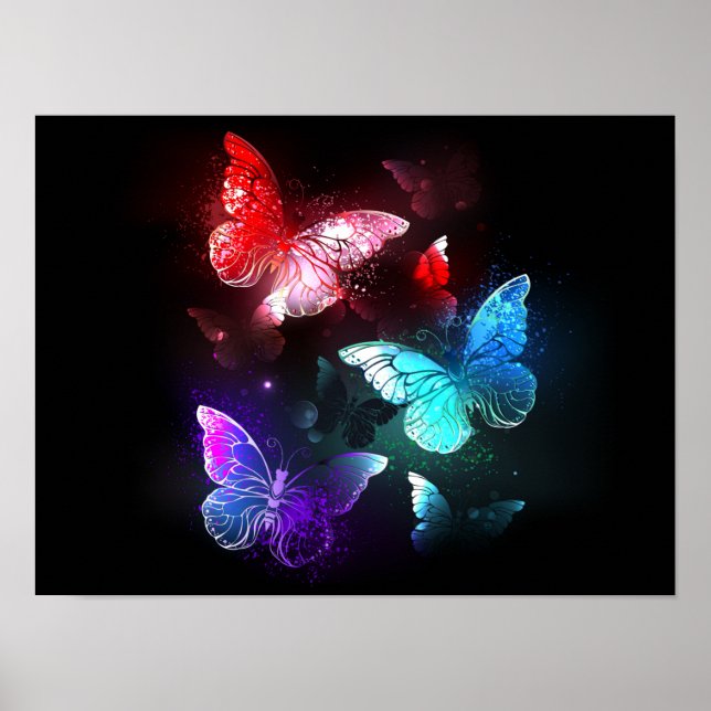 Drei glühende Schmetterlinge im Hintergrund Poster (Vorne)