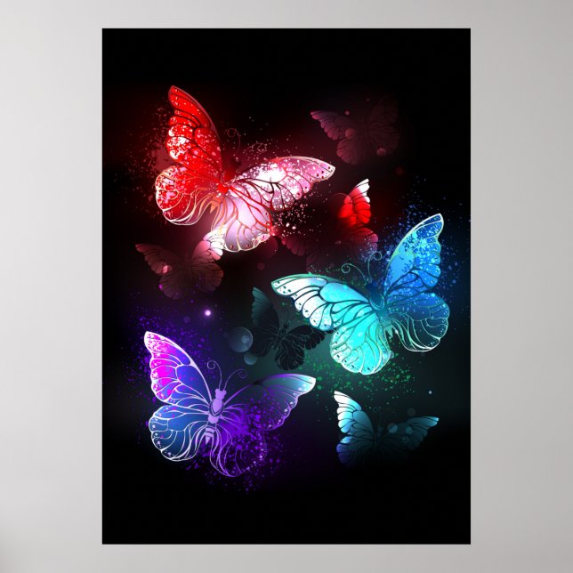 Drei glühende Schmetterlinge im Hintergrund Poster (Vorne)