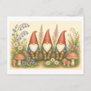 Drei Gnome auf einem Baumstamm Illustration Postkarte