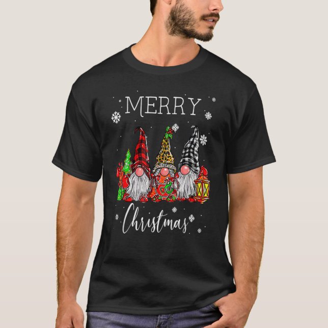Drei Gnome in Buffalo Kariert frohe Weihnachtsgnom T-Shirt (Vorderseite)