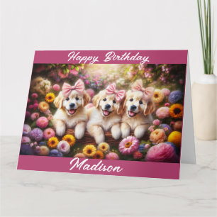 Drei Golden Retriever Welpen mit Blume Karte