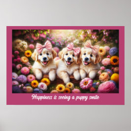 Drei Golden Retriever Welpen mit Blume Poster