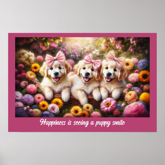 Drei Golden Retriever Welpen mit Blume Poster (Vorne)
