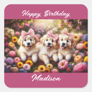 Drei Golden Retriever Welpen mit Blume Quadratischer Aufkleber