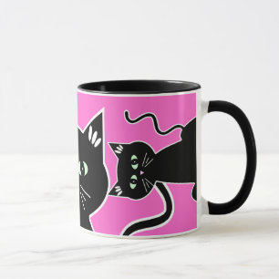 Drei Grün-Mit Augen schwarze Katzen-Retro Zeichne Tasse