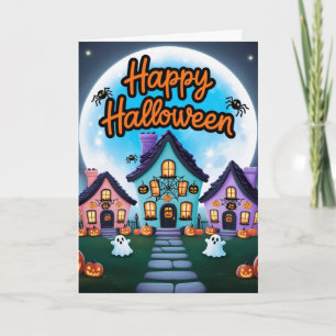 Drei halloween Häuser Vollmond Kawaii Karte