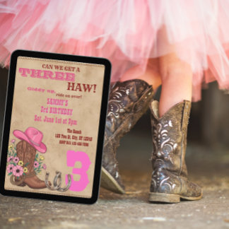 Drei Haw Pink, Western 3. Geburtstag Einladung
