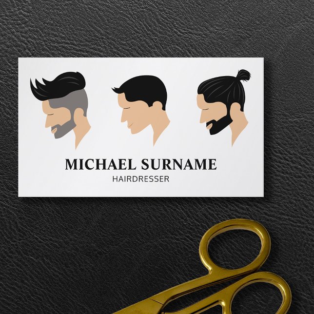 Drei Herrenfriseur Zeichnend Friseur Barber Visitenkarte (Ideal business card for hairdressers and barbers featuring three illustrated men's hairstyles.)
