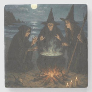 Drei Hexen brauen Kessel Vollmond Strand Steinuntersetzer