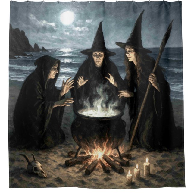 Drei Hexen Brew Cauldron Vollmond Strand Duschvorhang (Vorderseite)