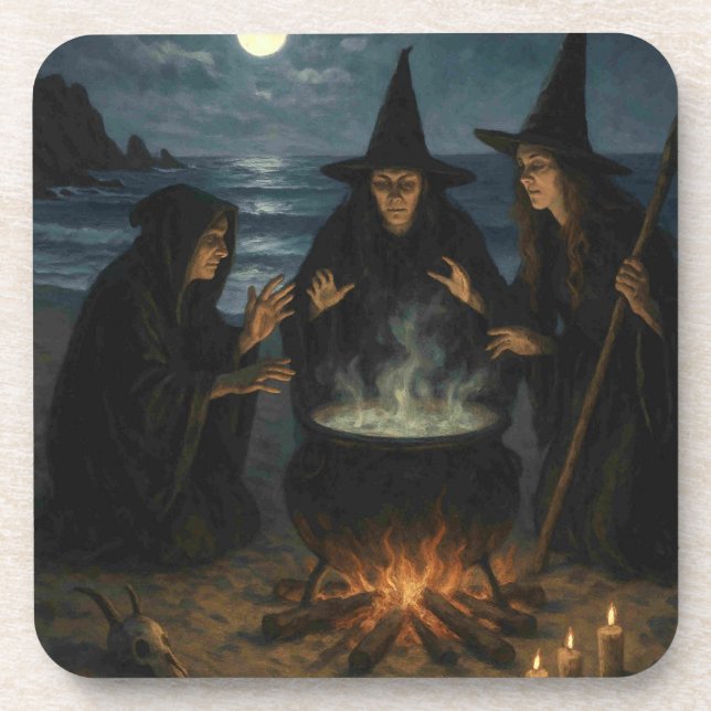 Drei Hexen Brew Cauldron Vollmond Strand Getränkeuntersetzer (Vorderseite)