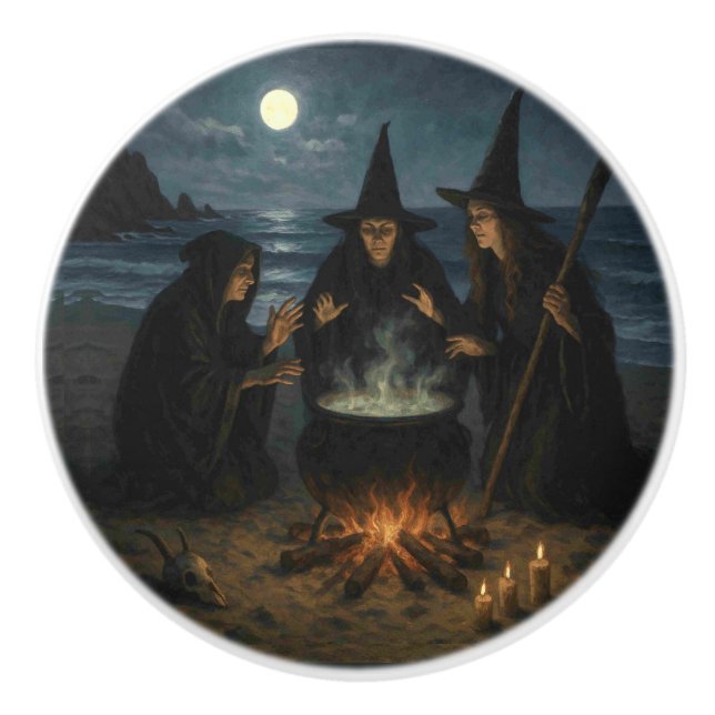 Drei Hexen Brew Cauldron Vollmond Strand Keramikknauf (Vorderseite)