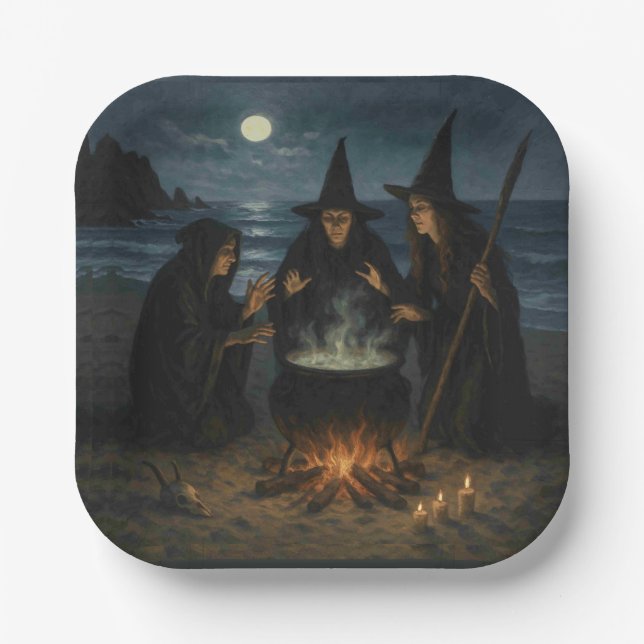 Drei Hexen Brew Cauldron Vollmond Strand Pappteller (Vorderseite)