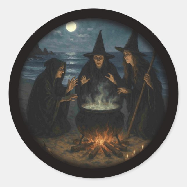 Drei Hexen Brew Cauldron Vollmond Strand Runder Aufkleber (Vorderseite)