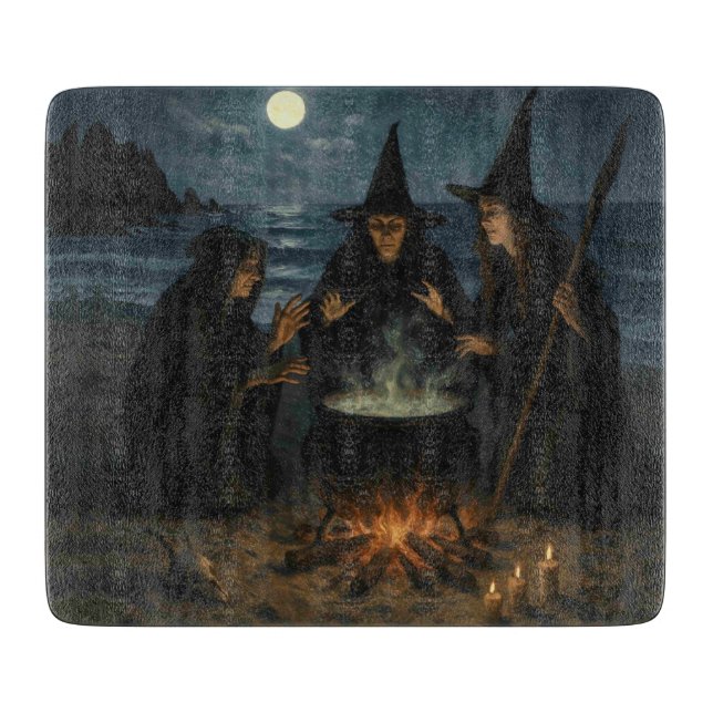 Drei Hexen Brew Cauldron Vollmond Strand Schneidebrett (Vorderseite)