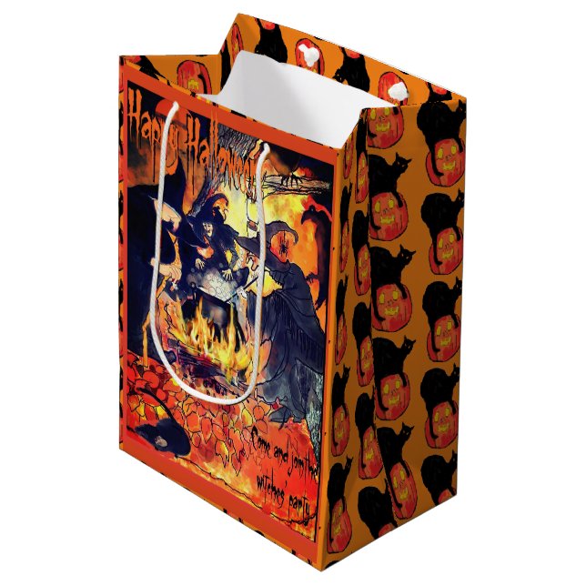 Drei Hexen Halloween-Geschenktasche Mittlere Geschenktüte (Vorderseite Schrägansicht)