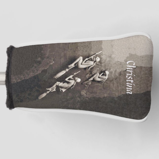 Drei Hübsche weiße Hexen fliegen auf Brooms Brown Golf Headcover (Vorderseite)