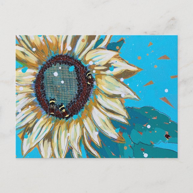 Drei Hummeln auf einer Sonnenblume Postkarte (Vorderseite)