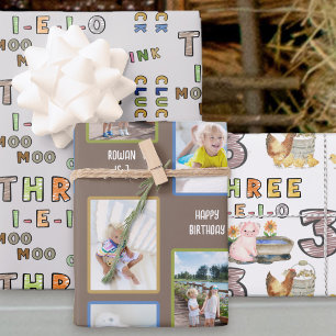 Drei-i-e-i-o-3. Geburtstags-Fotos und Landwirtscha Geschenkpapier Set