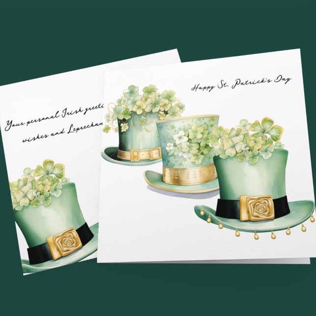 Drei Irish St Patrick's Day Leprechaun Hats Karte (Three different Leprechaun top hats in green and gold on customizable St Paddy's Day cards.)