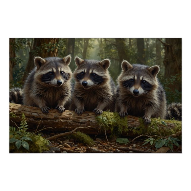 Drei junge Raccoons im Wald Poster (Vorderseite)