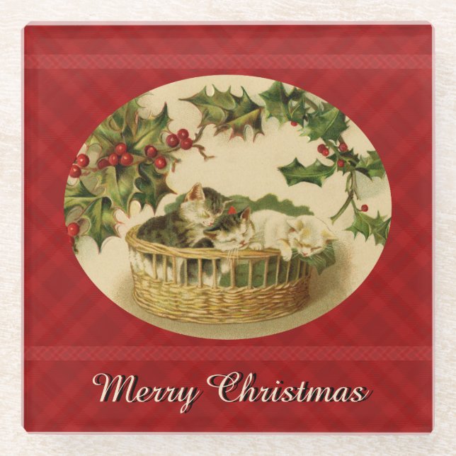 Drei Kätzchen in einem Korbglas-Untersetzer Glasuntersetzer (Vorderseite)