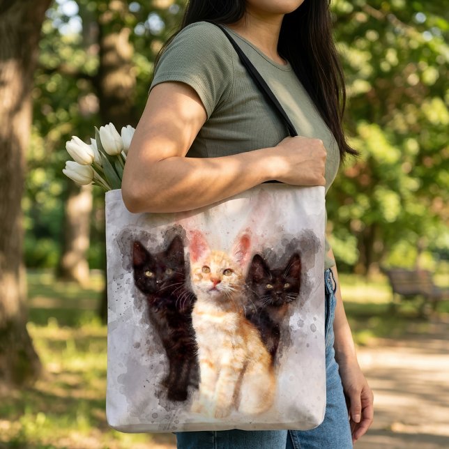 Drei Kätzchen niedlich und schön im Wasser (Watercolor Trio of Cute Black and Orange Kittens. Tote Bag)