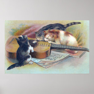Drei Kätzchen und eine Gitarren-Vintage Poster