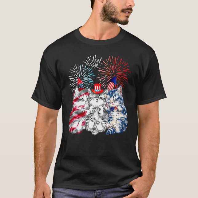 Drei Katze 4. Juli Amerikanische Flagge Patriotisc T-Shirt (Vorderseite)