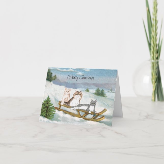 Drei Katzen auf einer Schlitten Winter Scene Weihn Karte (Vorderseite)