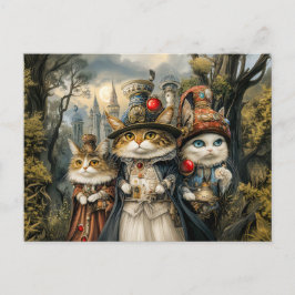 Drei Katzen im Steampunk-Fantasy-Wald Postkarte