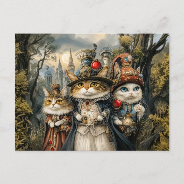 Drei Katzen im Steampunk-Fantasy-Wald Postkarte (Vorderseite)
