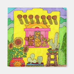 Drei Katzen in einem gelben Adobe-Haus Magnet