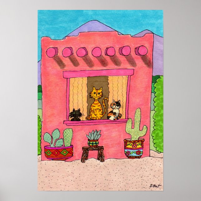 Drei Katzen in einem rosa Adobe House Poster (Vorne)