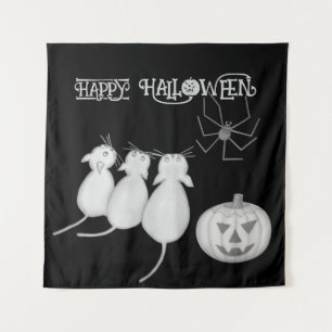 Drei Katzen, Kürbis und Halloween-Spinne Wandteppich