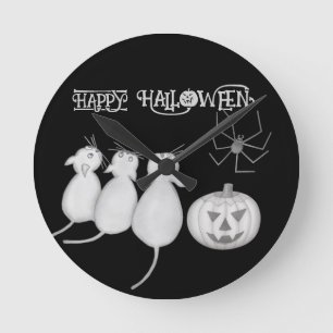 Drei Katzen, Kürbis und Spinne Halloween Runde Wanduhr