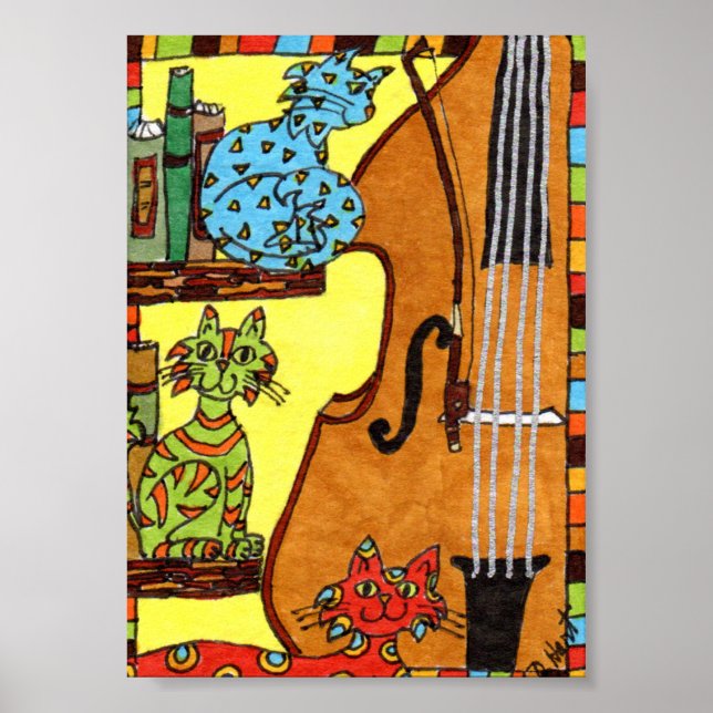 Drei Katzen mit Bass Fiddle Mini Folk Art Poster (Vorne)