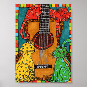 Drei Katzen mit Gitarre Mini Folk Kunst Poster