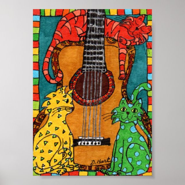 Drei Katzen mit Gitarre Mini Folk Kunst Poster (Vorne)