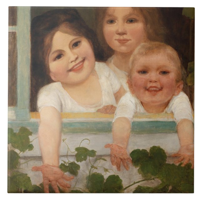 Drei Kinder am Fenster Fliese (Vorderseite)