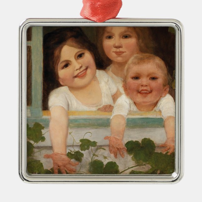 Drei Kinder am Fenster Ornament Aus Metall (Vorne)