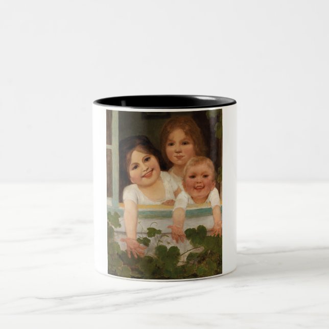 Drei Kinder am Fenster Zweifarbige Tasse (Mittel)