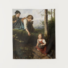 Drei Kinder, die wilde Berries im Wald picken Wandteppich