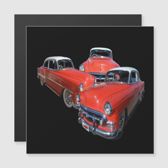 drei klassische rote und weiße Vintage-Autos, Magnetkarte (Vorne/Hinten)