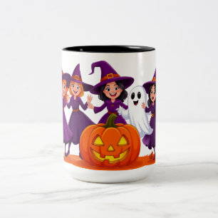 Drei kleine Hexen tanzen um einen Kürbis 🎃 Zweifarbige Tasse