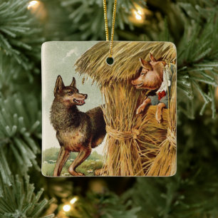 Drei kleine Schweine Böser Wolf, Vintage Märchen Keramikornament