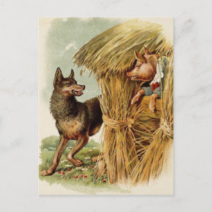 Drei kleine Schweine Böser Wolf, Vintage Märchen Postkarte