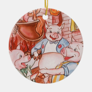 Drei kleine Schweine kochen Wolf, Vintage Märchen Keramik Ornament